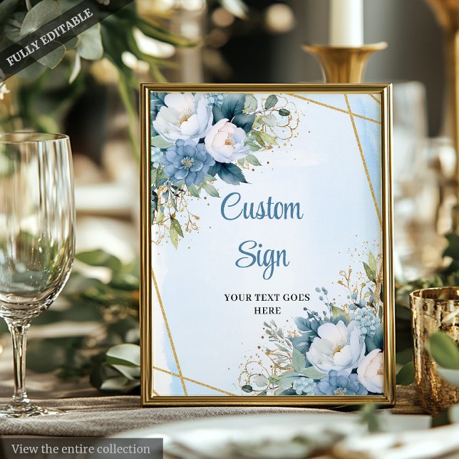 Poster Sinal de Casamento Personalizado Boho Floral Azul  (Boho Dusty Blue Floral Custom DIY Wedding Sign)