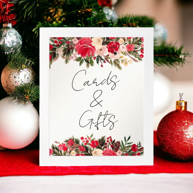 Poster Sinal de Casamento Quimático Russo Vermelho Verde  (Rustic Red green Floral Winter Chic Wedding sign)