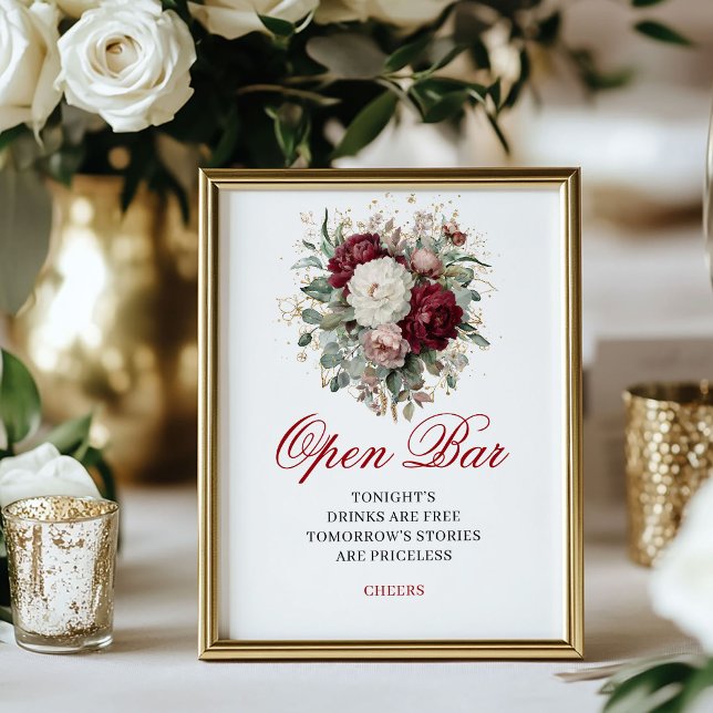 Poster Sinal de Casamento Refined Blush Burgundy Open Bar (Refined Blush Burgundy Open Bar 8x10 Wedding Sign)
