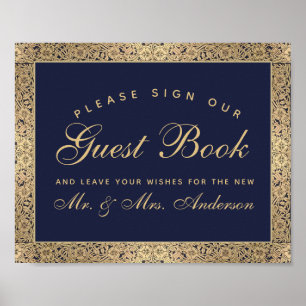 Poster Sinal de casamento Rosas Douradas Azul Marinho Nos