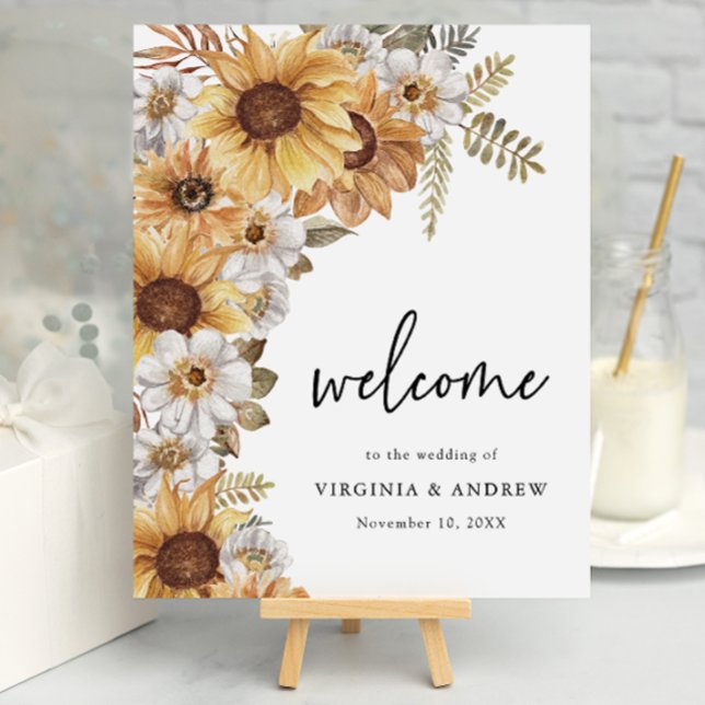 Poster Sinal de Casamento Russo de Girassol (Rustic Watercolor Sunflower Floral Wedding Welcome Sign
by Painted Paperie)