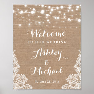 Pôster Sinal de Casamento Rustic String Lights Lace Burla