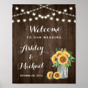 Pôster Sinal de Casamento Rustic Sunflower Mason Jar Ligh