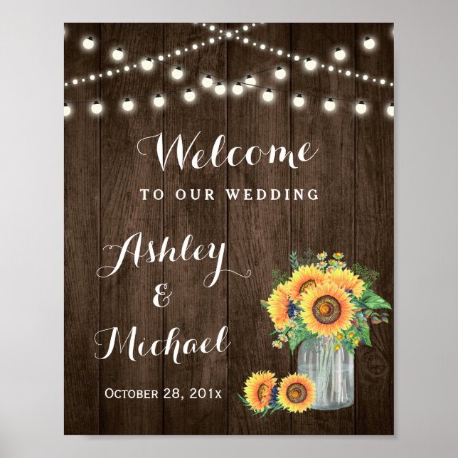 Pôster Sinal de Casamento Rustic Sunflower Mason Jar Ligh (Frente)