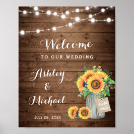 Pôster Sinal de Casamento Rustic Sunflower Mason Jar Ligh