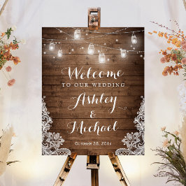 Pôster Sinal de Casamento Rústico Mason Jar Lights Lace