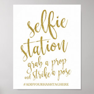 Pôster Sinal de Casamento Selfie Station Gold Glitter 8x1