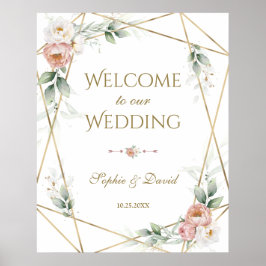 Poster Sinal de Casamento Verde Dourado Floral Rosa Flora