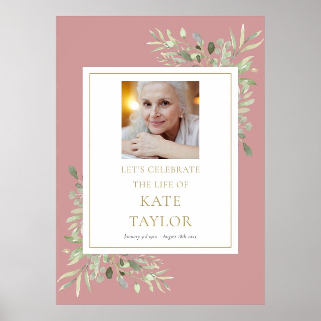 Poster Sinal de Celebração de Vida com Folhagem Rosa Empo (Frente)