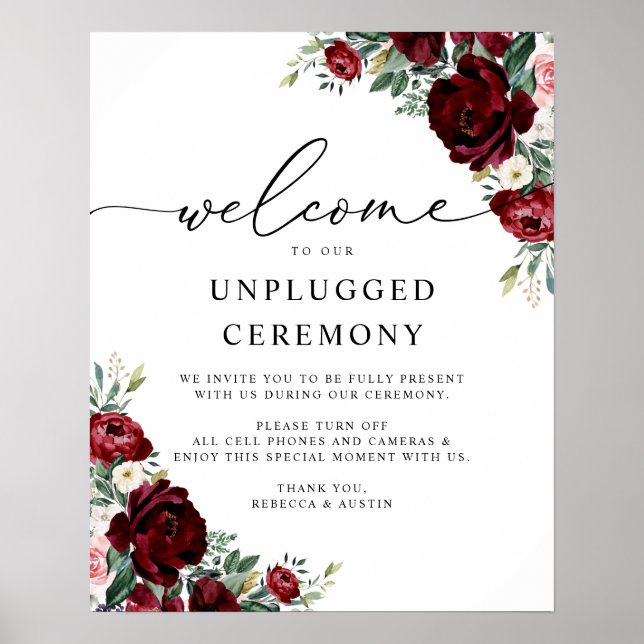 Poster Sinal de Cerimônia de Casamento Floral Vermelho Ru (Frente)