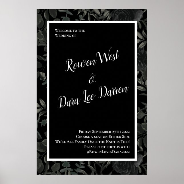 Poster Sinal de Cerimônia de Casamento Gótico Rosa Branca (Frente)