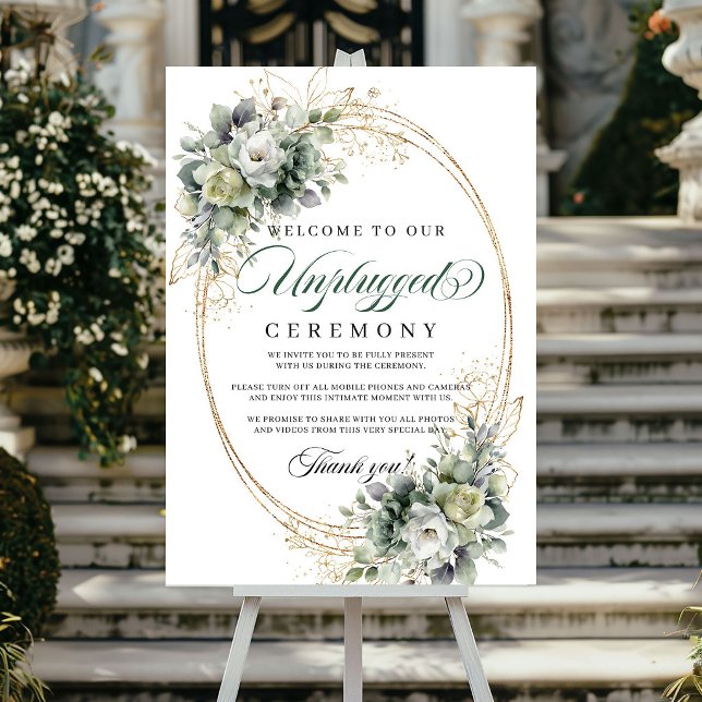 Poster Sinal de Cerimônia Desconectada Boho Greenery Dour (Boho Greenery Unplugged Ceremony Sign Gold Decor)