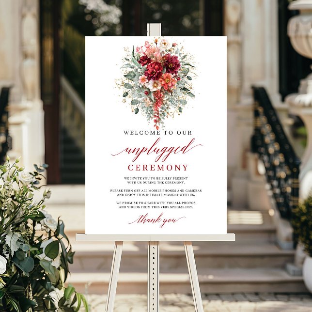 Poster Sinal de Cerimônia Desconectada Chic Burgundy Euca (Chic Burgundy Eucalyptus Unplugged Ceremony Sign Design

)