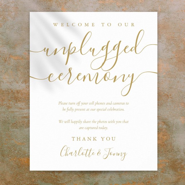 Poster Sinal de Cerimônia Desconectada com Letra Dourada (Gold Signature Script Unplugged Ceremony Sign)