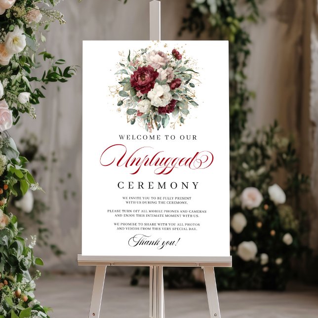 Poster Sinal de Cerimônia Desconectada Rosa Burgundy Eleg (Welcome guests with elegance using this beautiful Unplugged Ceremony Poster / Sign, featuring waterc)