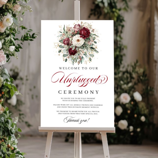 Poster Sinal de Cerimônia Desconectada Rustic Blush Burgu (Rustic Blush Burgundy Unplugged Ceremony Sign)