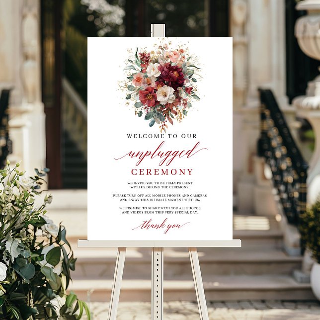 Poster Sinal de Cerimônia sem Dispositivos Móveis Glam Ou (Glam Fall Burgundy Floral Unplugged Ceremony Sign

)