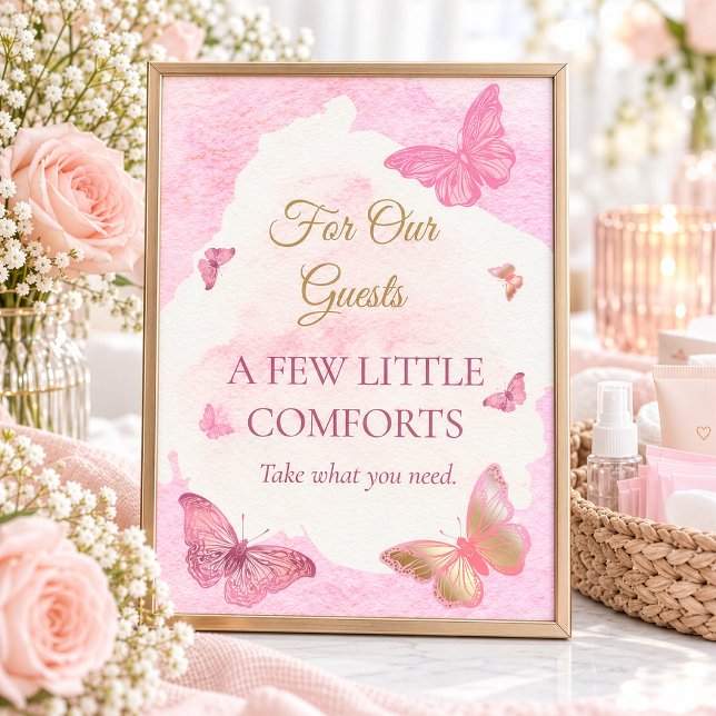 Poster Sinal de Cesta de Convidados para Chás de Bebê com (Pink butterfly baby shower guest comfort sign styled with elegant blush, ivory, and gold accents.)