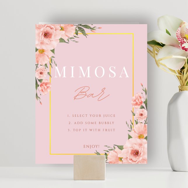Poster Sinal de Chá de Bar Mimosa Floral Rosa Blush (Blush Dusty Pink Floral Mimosa Bar Shower Sign)