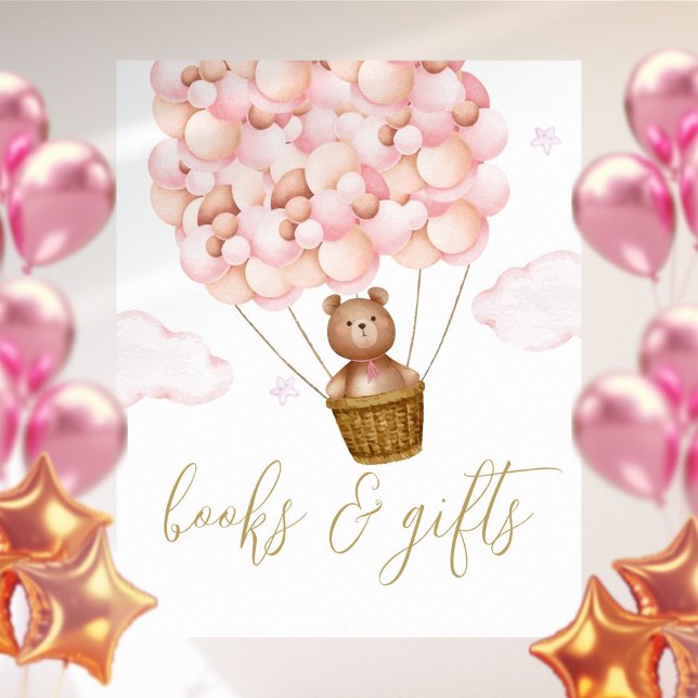 Poster Sinal de Chá de Bebê Urso de Pelúcia Rosa Livros e (Criador carregado)