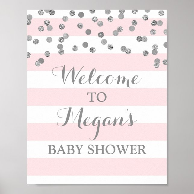 Poster Sinal de chá de fraldas Blush Stripes Prateado Con (Frente)