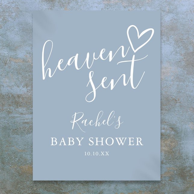 Poster Sinal de Chá de fraldas de Garoto Azul Empenhado (Heaven Sent Dusty Blue Boy Baby Shower Sign)