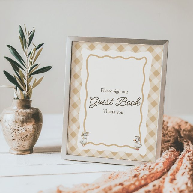 Poster Sinal de Chá de fraldas de Gingham Goose (Gingham Goose Baby shower sign guest book
)