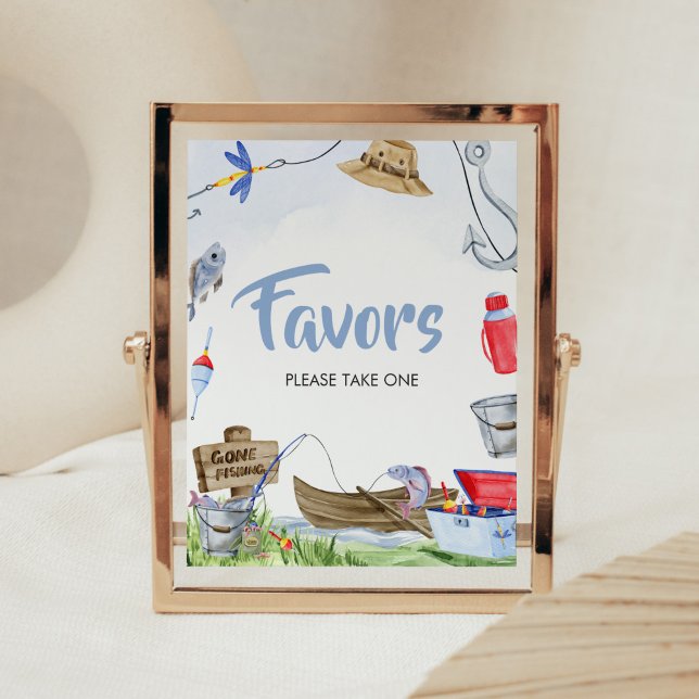 Poster Sinal de Chá de fraldas de Pesca Favorece (Little Fisherman Baby Shower Favor Sign)