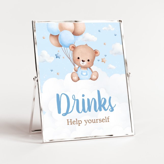 Poster Sinal de Chá de fraldas do Urso Azul (Blue Boy Teddy Bear Clouds Balloon Baby Shower Sign)
