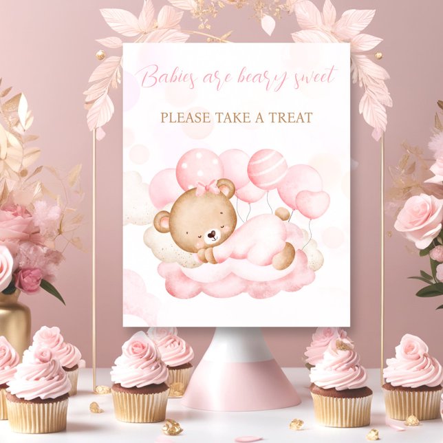 Poster Sinal de Chá de fraldas do Urso Rosa (Girl pink Bear Baby Shower Favor Sign)