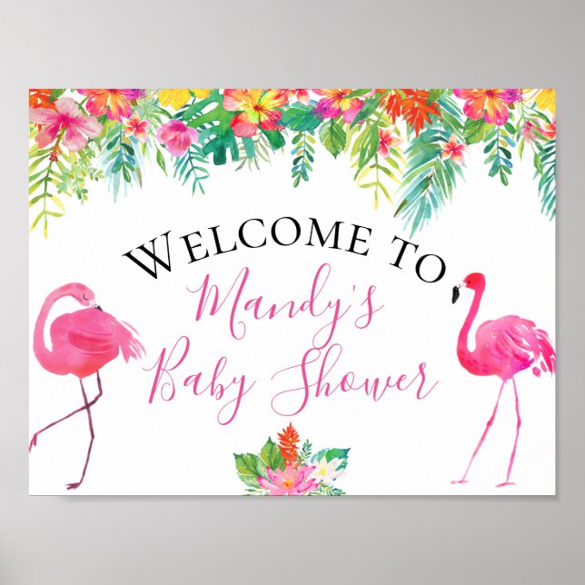 Poster Sinal de Chá de fraldas Flamingo Tropical Floral (Frente)