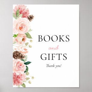 Poster Sinal de Chá de fraldas Floral Rosa Inverno Livros