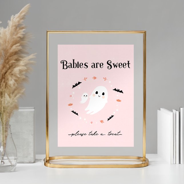 Poster Sinal de Chá de fraldas rosa do Halloween, Pequeno (Pink Halloween baby showerFavor sign shown with 5x7 print in a gold frame)