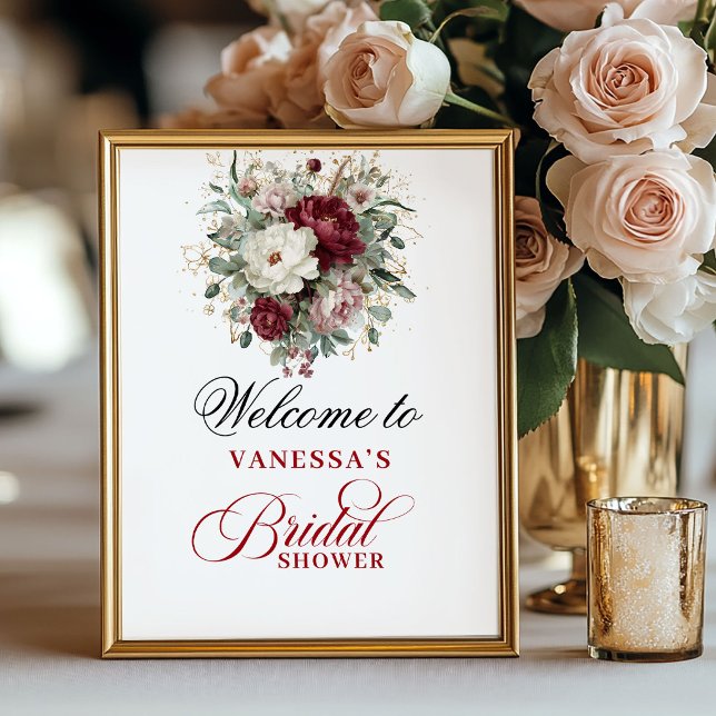 Poster Sinal de Chá de Noiva Burgundy com Rosa Eucalipto (Eucalyptus Blush Burgundy Bridal Shower Sign)