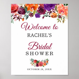 Poster Sinal de Chá de Noiva Floral Burgundy Rustic Bloom