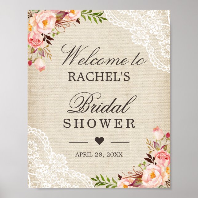 Pôster Sinal de Chá de Noiva Floral de Renda de Sarjapim  (Frente)