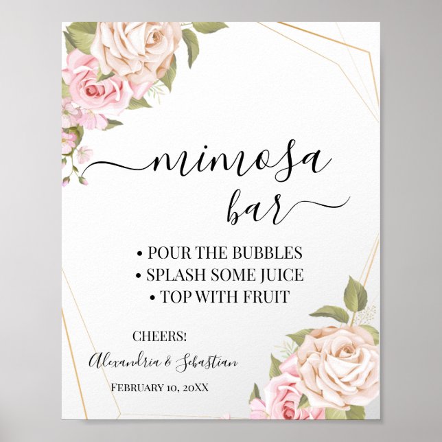 Poster Sinal de Chá de Noiva Pink Roses Mimosa Bar (Frente)