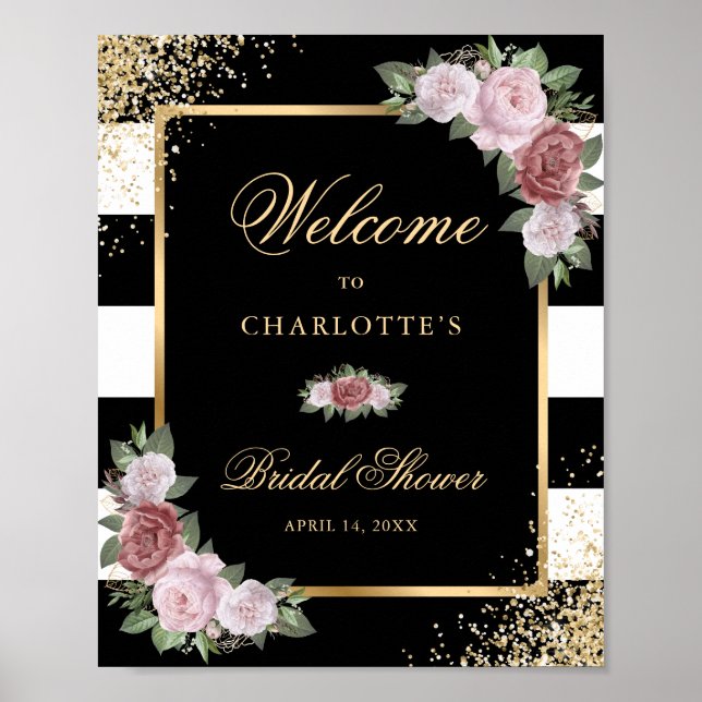 Poster Sinal de Chá de panela Floral Dourado Elegante Blu (Frente)