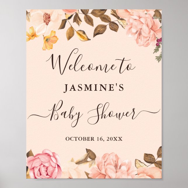 Poster Sinal de Chás de Bebê Floral Inglês Rosa Elegante  (Frente)