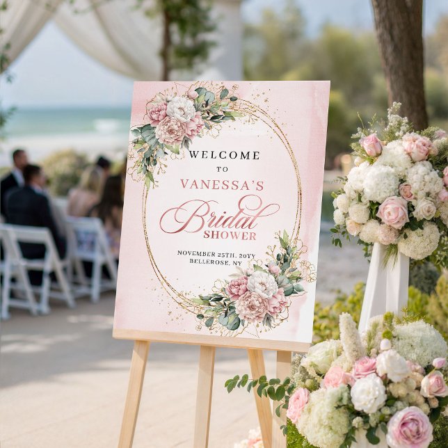 Poster Sinal de Chuva de Flores Rosa Blush Chic (Chic Blush Pink Flowers Greenery Gold Shower Sign)