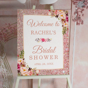 Poster Sinal de Chuva de Noiva Floral com Brilho em Rosa