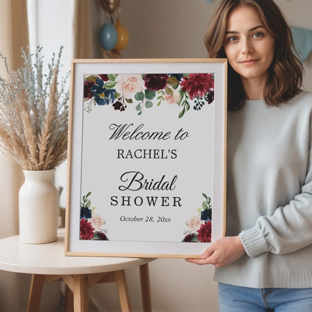 Poster Sinal de Chuva de Noiva Floral Vermelho Borgonha A (Criador carregado)