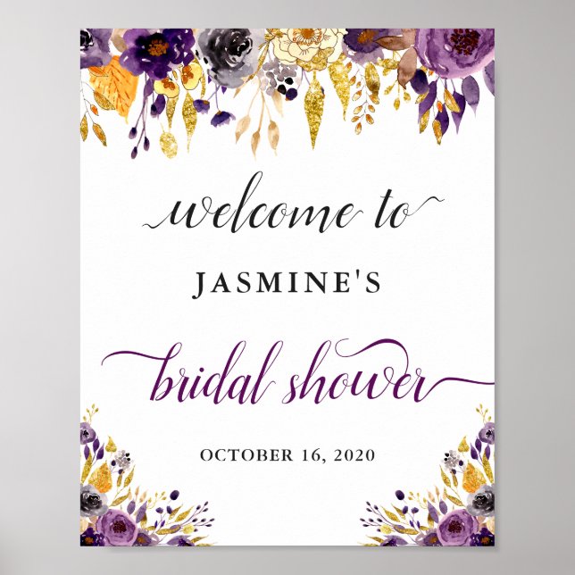 Poster Sinal de Chuva de Presentes de Noiva Floral Roxo D (Frente)