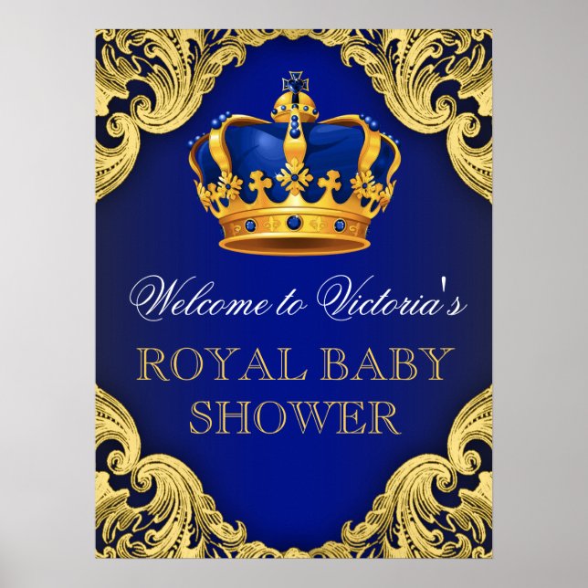 Poster Sinal de Chuvada de Bebê Azul Royal Dourado Prínci (Frente)