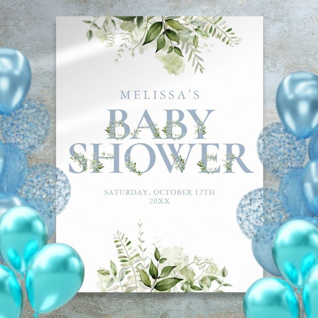 Poster Sinal de Chuvada de Bebê em Azul Poeirento e Verde (Dusty Blue Greenery Letter Baby Shower Sign)