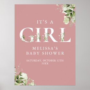 Poster Sinal de Chuvada de Bebê Menina Verdejante Rosa Em