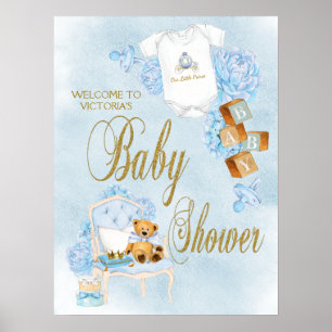 Poster Sinal de Chuvada de Bebê Menino Aquarela Azul Dour