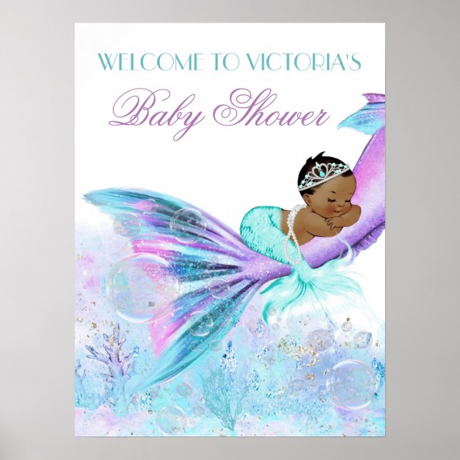 Poster Sinal de Chuveiro de Bebê Cauda de Sereia Africana (Frente)
