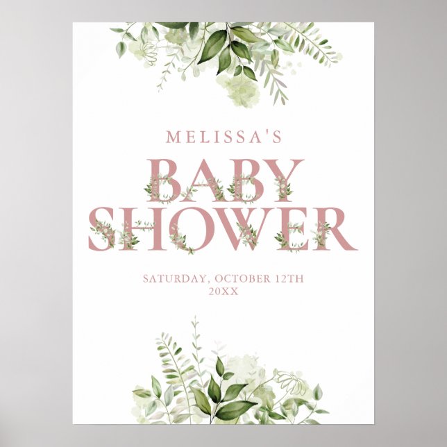 Poster Sinal de Chuveiro de Bebê com Folhagem Rosa Empoei (Frente)