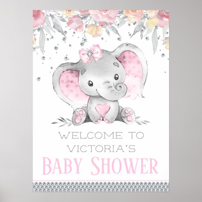 Poster Sinal de Chuveiro de Bebê Elefante Menina (Frente)